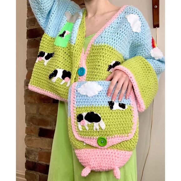 3 piece custom handmade cow farmcore crochet sweater, vest and top - Picture 4 of 9